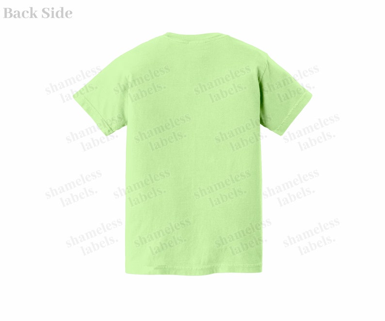 May include: A light green t-shirt with the text "shameless labels." repeated on the front and back.