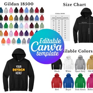 Bearbeitbare Gildan 18500 Farbkarte & Größentabelle, Canva-Vorlage, G185 Farbkarte Vorlage, 1500 Größentabelle, Mockup Bundle