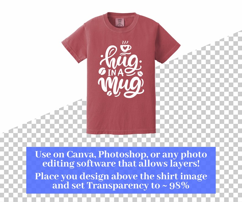 May include: Red t-shirt with white text that says "hug in a mug" with a coffee cup graphic above the text.