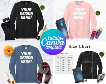 Editable Gildan 5400 Mockup, Canva Template, G5400 Long Sleeve T-Shirt Mockup, G540 Size Chart, Gildan Mockup Bundle