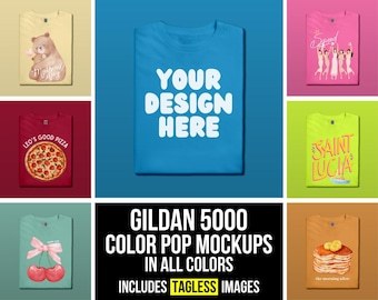 Bundle di mockup piegati Gildan 5000, Bundle di mockup piegati Color Pop G500, mockup di magliette piegate, mockup di magliette G500