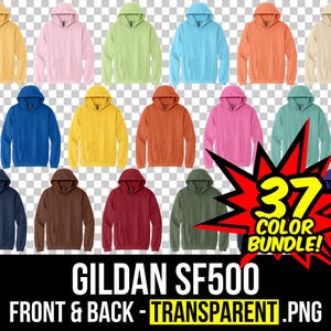 Pode incluir: Uma coleção de hoodies Gildan SF500 em várias cores, incluindo amarelo, rosa, verde, azul e laranja. A imagem mostra vistas frontal e traseira dos hoodies, com um fundo transparente. O texto indica um pacote de 37 cores.