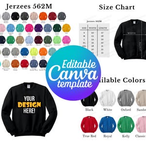 Bearbeitbare Jerzees 562 Farbkarte & Größentabelle, Canva Vorlage, Jerzees 562 M Farbkarte Vorlage, 562 M Größentabelle, Mockup Bundle
