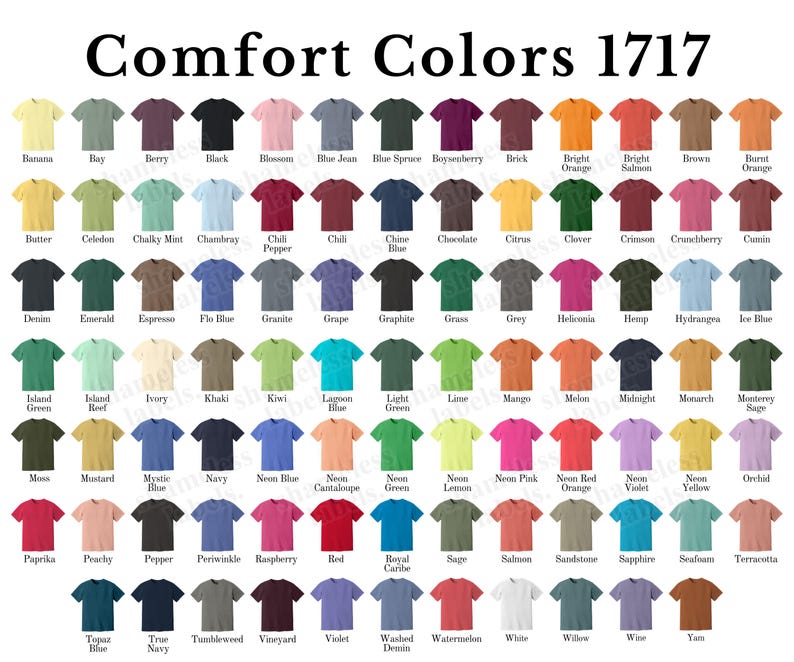 Pu&ograve; includere: Una tabella colori di magliette Comfort Colors 1717, che mostra una vasta gamma di tonalit&agrave;. L'immagine mostra una variet&agrave; di colori, ognuno etichettato con il suo nome, tra cui sfumature di blu, verde, rosa e altro. Il testo "Comfort Colors 1717" &egrave; in alto.
