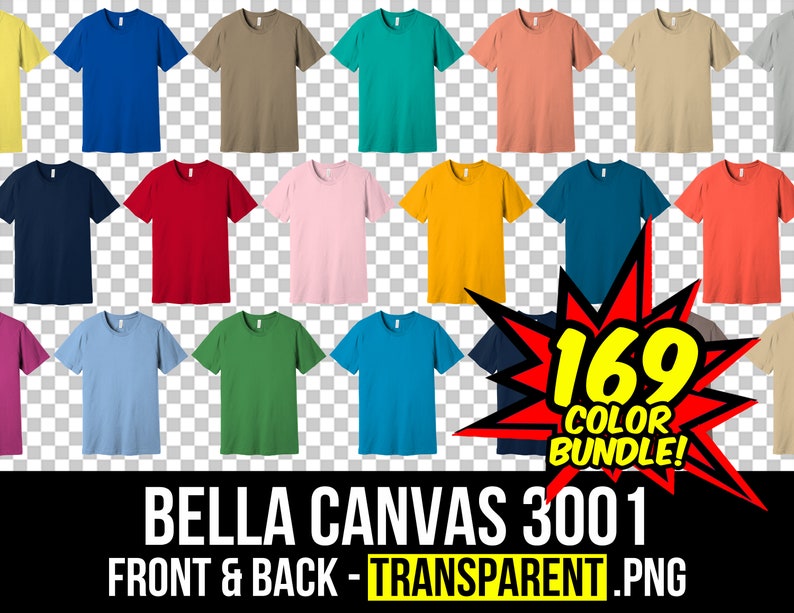 K&ouml;nnte beinhalten: Eine Sammlung von 169 Bella Canvas 3001 T-Shirts in verschiedenen Farben. Die Shirts werden auf einem transparenten Hintergrund angezeigt, wobei Vorder- und R&uuml;ckseite jedes Shirts zu sehen sind.
