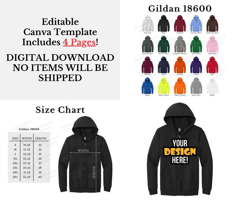 Editable Gildan 18600 Color Chart & Size Chart, Canva Template, G186 ...