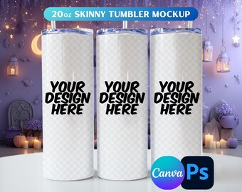 Halloween-mockup för tumbler: 20oz smal tumbler, Canva och Photoshop-mall