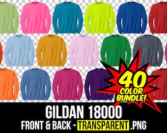 Puede incluir: Un conjunto de 40 sudaderas Gildan 18000 en varios colores. Las sudaderas se muestran en vista frontal y posterior, con un fondo transparente. El texto "40 Color Bundle!" se muestra en una explosión de estrella roja.