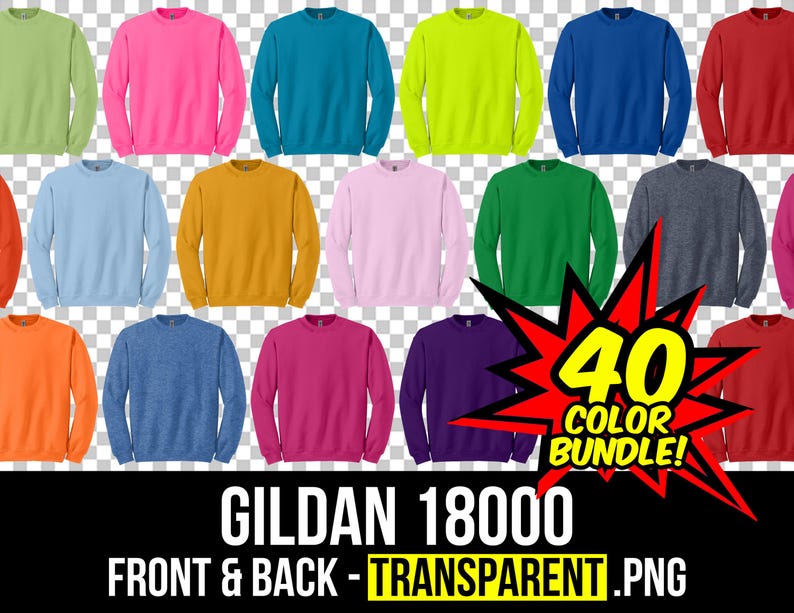 Może przedstawiać: Zestaw 40 bluz Gildan 18000 w r&oacute;żnych kolorach. Bluzy są pokazane z przodu i z tyłu, na przezroczystym tle. Tekst "40 Color Bundle!" jest wyświetlany w czerwonej rozbłyskującej gwieździe.