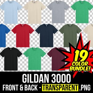 May include: A collection of 19 Gildan 3000 t-shirts in various colors, including pink, blue, beige, gray, green, and black. The shirts are displayed with a transparent background, showcasing the front and back views. Text on the image reads "19 COLOR BUNDLE!" and "GILDAN 3000 FRONT & BACK - TRANSPARENT .PNG".