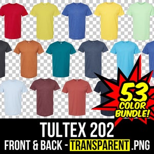 May include: A collection of 53 different color t-shirts, all in a variety of solid colors. The t-shirts are arranged in rows and columns, with a large red starburst in the center that says "53 Color Bundle!"  The text "TULTEX 202 FRONT & BACK - TRANSPARENT .PNG" is at the bottom of the image.
