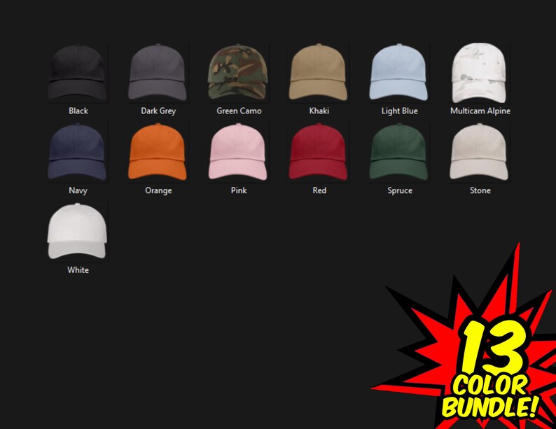 May include: A set of 13 baseball caps in various colors, including black, dark grey, green camo, khaki, light blue, multicam alpine, navy, orange, pink, red, spruce, stone, and white. The caps are arranged in three rows, with the text "13 COLOR BUNDLE!" at the bottom.