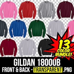 May include: A set of 13 Gildan 18000B crewneck sweatshirts in various colors, including white, black, red, blue, green, pink, and gray. The sweatshirts are displayed on a transparent background. The text "13 COLOR BUNDLE!" is in a red starburst shape.