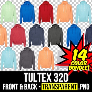 Op de afbeelding: Een set van 14 kleurvariaties van een hoodie. De hoodies zijn getoond in verschillende kleuren, waaronder rood, blauw, groen, oranje en grijs. De tekst "14 COLOR BUNDLE!" wordt weergegeven in een rode stervorm. De tekst "TULTEX 320" wordt weergegeven in zwart. De tekst "FRONT & BACK - TRANSPARENT .PNG" wordt weergegeven in geel.