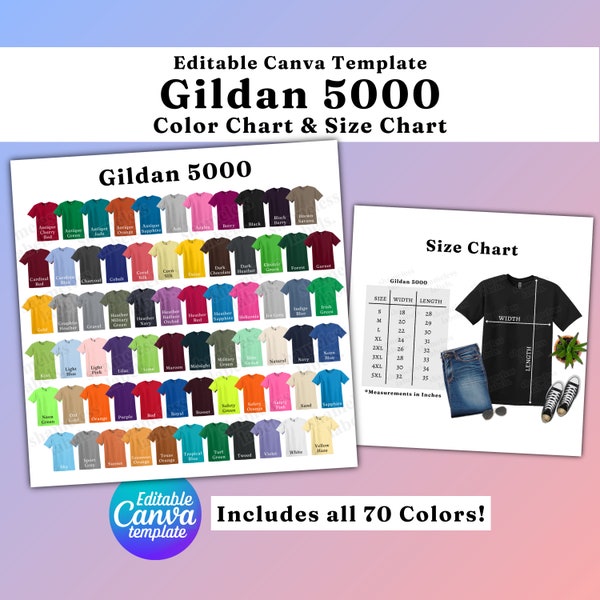 Tableau des couleurs et des tailles Gildan 5000, modèle Canva MODIFIABLE, nuancier G500, tableau des tailles G500