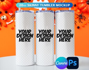 Halloween-mockup för tumbler: 20oz smal tumbler, mall för Photoshop och Canva