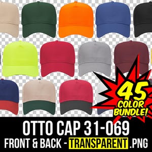 Może przedstawiać: Zestaw 45 pustych czapek bejsbolowych w różnych kolorach. Czapki są pokazane z przodu i z tyłu. Tekst "OTTO CAP 31-069 FRONT & BACK - TRANSPARENT .PNG" jest wyświetlany pod czapkami.