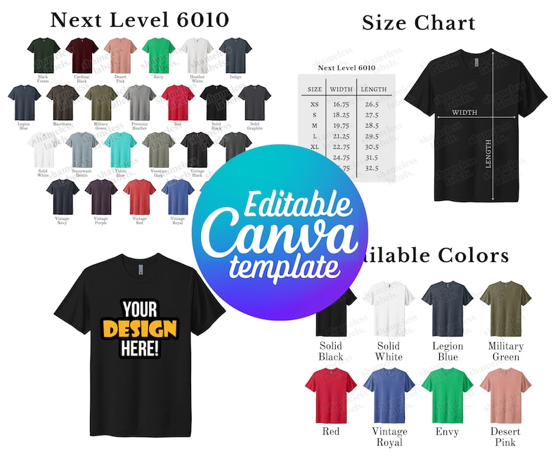 Editable Next Level 6010 Color Chart & Size Chart, Canva Template, 6010 ...