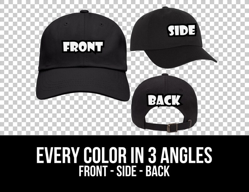May include: Black baseball cap with white text that reads "FRONT" on the front, "SIDE" on the side, and "BACK" on the back.