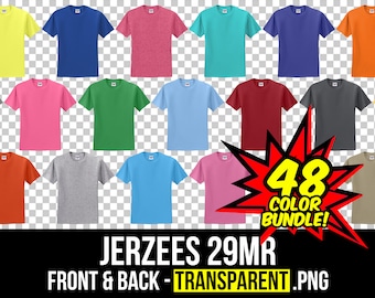 May include: 48 color bundle of Jerzees 29MR t-shirts, front and back, on a transparent background. The t-shirts are in a variety of colors, including yellow, blue, pink, green, red, gray, and brown.