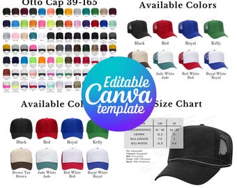 Editable Otto Cap 39-165 Color Chart & Size Chart, Hat Canva Template, 39-165 Color Chart Template, Otto Cap Size Chart, Hat Mockup Bundle
