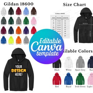 Editable Gildan 18600 Color Chart & Size Chart, Canva Template, G186 Color Chart Template, 18600 Size Chart, Mockup Bundle
