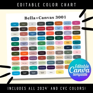 Tabla de colores Bella Canvas 3001 editable, 169 colores con CVC Heather incluido, tabla de colores Bella Canvas, tabla de colores 3001CVC