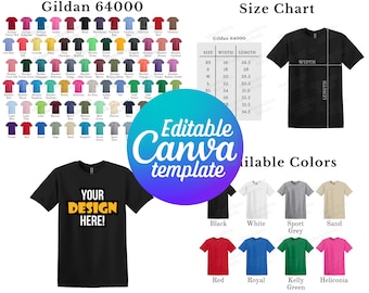 Editable Gildan 64000 Color Chart & Size Chart, Canva Template, G64000 Color Chart Template, G640 Size Chart, Mockup Bundle