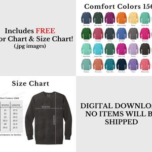 May include: A size chart for Comfort Colors 1566 sweatshirts, showing the width and length measurements in inches for sizes S through 3XL. The chart includes a digital image of a black sweatshirt with the measurements labeled.