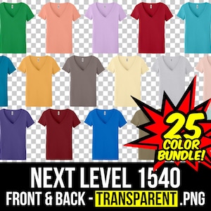 May include: A collection of 25 V-neck t-shirts in various colors, including green, pink, blue, and yellow. The image includes the text "25 COLOR BUNDLE!" and "NEXT LEVEL 1540 FRONT & BACK - TRANSPARENT .PNG".