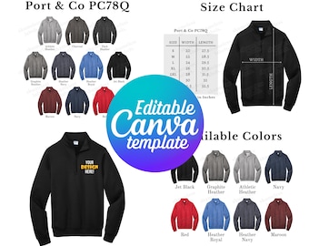 Redigerbar Port & Co PC78Q färgkarta och storlekstabell, Canva-mall, PC78Q färgkartamall, PC78Q storlekstabell, mockup-paket