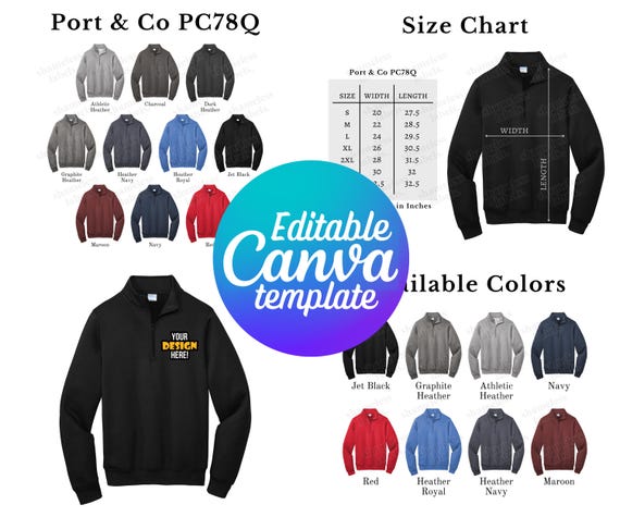 Editable Port & Co PC78Q Color Chart and Size Chart, Canva Editable Port & Co PC78Q Color Chart and Size Chart, Canva