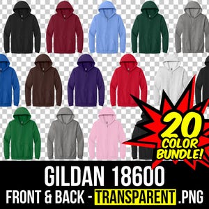 Könnte beinhalten: 20er-Farbpaket mit Gildan 18600 Zip-Hoodies. Die Hoodies sind in verschiedenen Farben gezeigt, darunter Schwarz, Weiß, Rot, Blau, Grün und Gelb. Das Bild ist transparent.