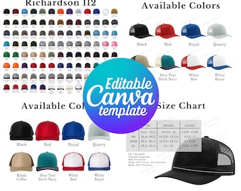 Editable Richardson 112 Color Chart & Size Chart, Hat Canva Template, 112 Color Chart Template, Richardson 112 Size Chart, Hat Mockup Bundle