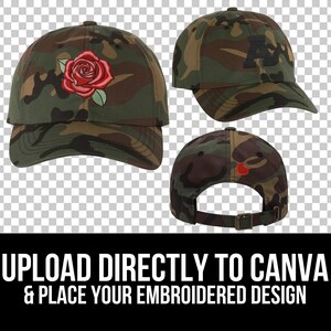 May include: Three camouflage baseball caps, one with a red rose embroidered on the front, one with a letter A embroidered on the front, and one with a red patch on the back.  UPLOAD DIRECTLY TO CANVA & PLACE YOUR EMBROIDERED DESIGN.