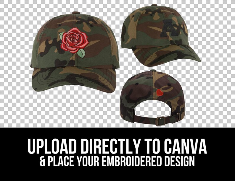 May include: Three camouflage baseball caps, one with a red rose embroidered on the front, one with a letter A embroidered on the front, and one with a red patch on the back.  UPLOAD DIRECTLY TO CANVA & PLACE YOUR EMBROIDERED DESIGN.