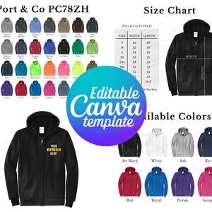 Puede incluir: Una sudadera con capucha negra con cremallera, con el texto "YOUR DESIGN HERE!". La imagen también muestra una tabla de tallas y una paleta de colores con varios colores de sudadera con capucha, incluyendo rojo, azul y morado.