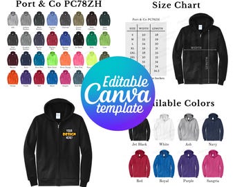 Redigerbar Port & Co PC78ZH färgkarta och storlekstabell, Canva-mall, PC78ZH färgkartamall, PC78ZH storlekstabell, mockup-paket