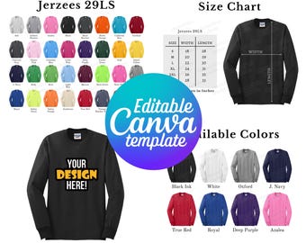 Redigerbar Jerzees 29SL färgkarta och storlekstabell, Canva-mall, Jerzees 29L färgkartamall, Jerzees 29SL storlekstabell, mockup-paket