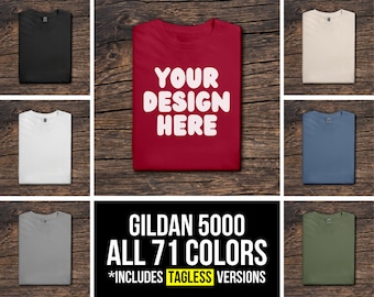 Bundle di mockup Gildan 5000 piegato, bundle di mockup di magliette piegate, tutti i 71 colori, mockup di magliette in legno, G500