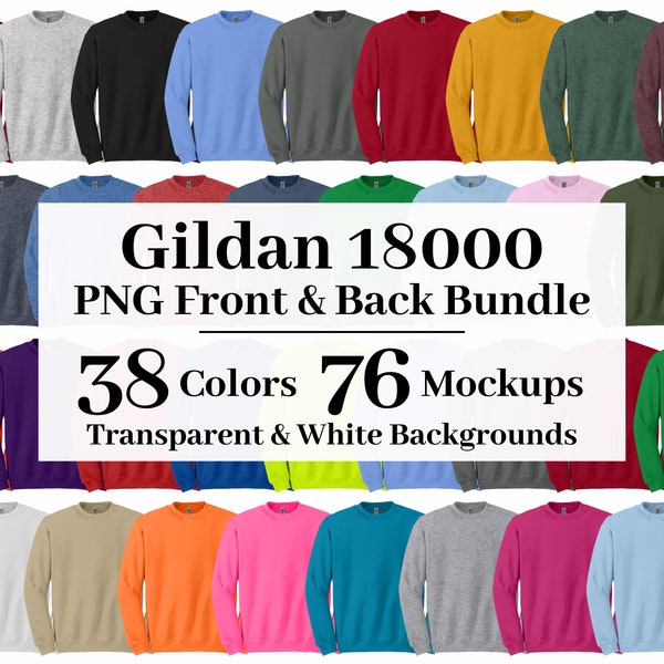 Gildan 18000 PNG Mockup Bundle, Transparent + White Backgrounds, All 38 Colors High Resolution, Crewneck Sweatshirt Mockups G180