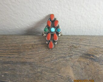 Vintage Three Tone Marquis Turquoise Ring set in Sterling size 4.75