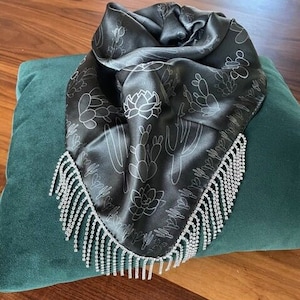 Rhinestone Fringe 100% Silk Bandana Scarf Wild Rag Desert Cactus Western Boho Print