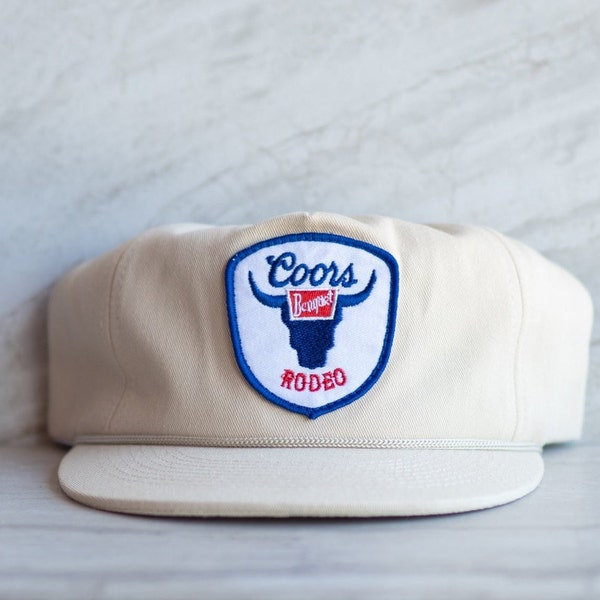 Original Banquet Coors Rodeo Patch on Flat Bill Beige Rope Hat with Snapback