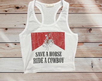 Save A Horse Ride A Cowboy Fitted Cropped Tank Top Western Summer Graphic Crop