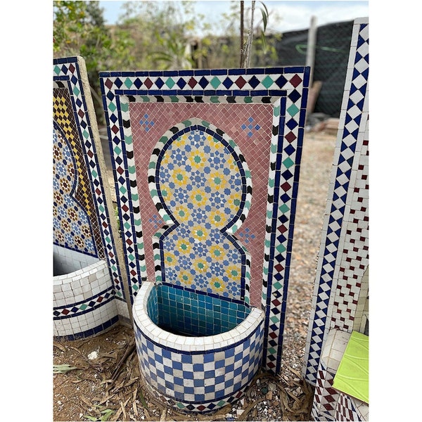 Bohemian Mosaic Handmade water Fountain, Moroccan Berber Tile Garden Fountain, Atlas Beni Mrirt Black Mosaic Outdoor Wall Fountain