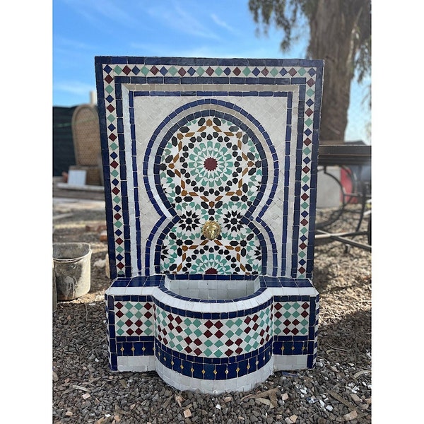 Moroccan Authentic Ceramic Blue Tile Fountain, Unique Mosaic Luxury Zellije wall Fountain, Artisanal Garden or Indoor Water Fountain