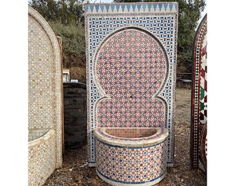 Moroccan Bohemian handcraft Mosaic wall Fountain, Atlas Berber Custom Premium Ceramic Outdoor Fountain, Artisanal Home Garden Tile Fountain