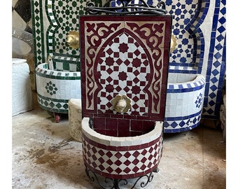 Moroccan Vintage Hand Mosaic Fountain, Boujad Authentic Zelije Fountain, Hand Knoted Wall Fountain, Unique Wall Garden Mosaic water Fountain