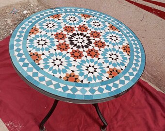 Ceramic handmade Green white Mosaic Round Table, Atlas Berber Moroccan Zelij Table, Traditional Custom Natural Home Decoration Garden Table